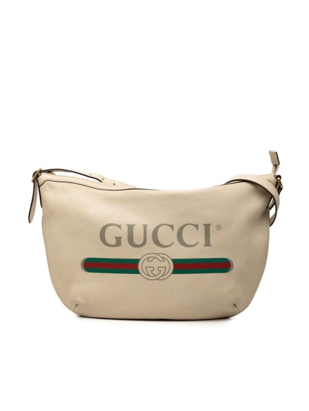 Gucci Logo Print Shoulder Bag Beige Leather